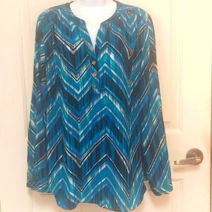 Zac and Rachel blouse, multicolored blue black grey white turquoise size large